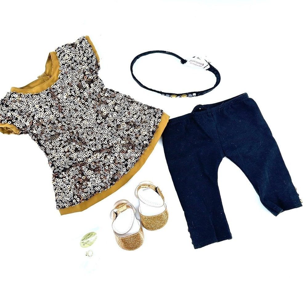 American Girl Golden Sparkle Sequin Outfit Complete Ring Shoes Headband Doll Set